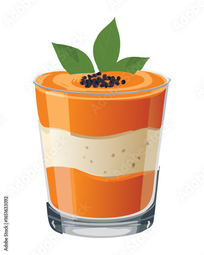 A layered papaya parfait dessert with fresh mint leaves on top - Vector Illustration

