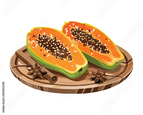 Papaya Slices on a Plate with Cinnamon Sticks and Anise - Vector Illustration
