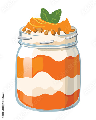 Layered Papaya Dessert with Cream and Mint in a Glass Jar - Vector Illustration