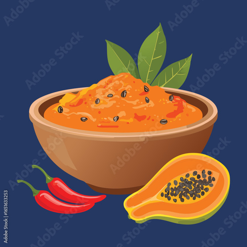 Papaya Chutney in a Bowl with Fresh Herbs and Seeds - Vector Illustration
