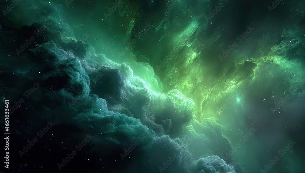 Fototapeta premium A vibrant, swirling nebula in shades of deep teal and luminous lime green, punctuated by distant starlight
