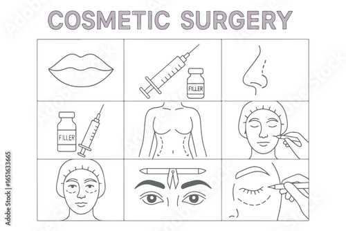 Cosmetic surgery icons depicting lip injections, body shaping, nose surgery, and facial contouring with filler injections liposuction healthcare lineart