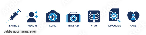 Comprehensive Health Care Icons set vector illustration blue with Syringe, Health, Clinic, First aid, X ray,  Diagnosis, Care
