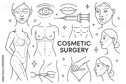 Cosmetic surgery artistry illustrations featuring body contouring, lip enhancement, facial rejuvenation, and aesthetic procedures liposuction healthcare lineart