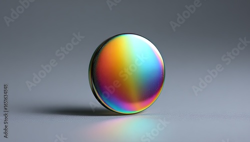A iridescent, oblate spheroid rests on a neutral gray surface, casting a subtle reflection. Its smooth, polished surface displays a vibrant spectrum of rainbow hues