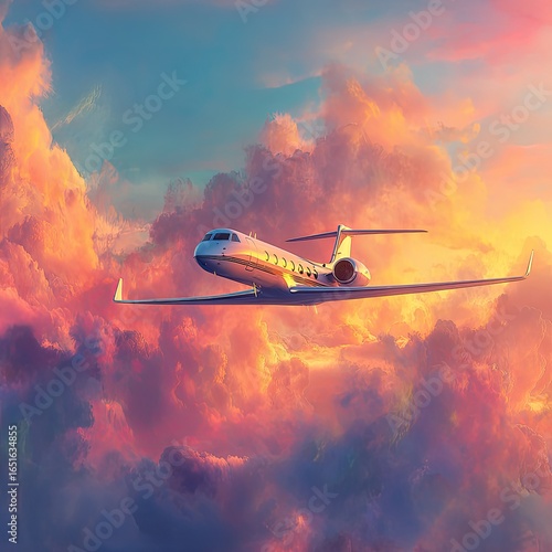 Private jet in flight above a vibrant sunset, soaring through colorful, fluffy clouds
