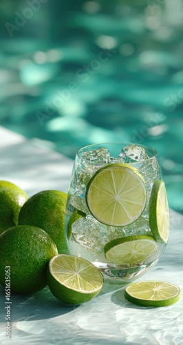 Refreshing lime drink in a glass with ice, beside whole and cut limes, near a turquoise pool