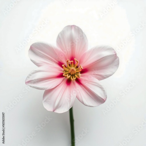 Delicate pink and white flower with soft petals and vibrant center isolated on white