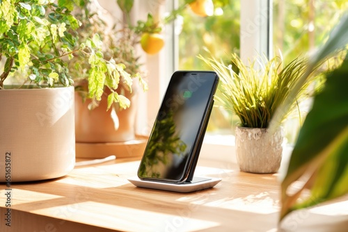A smartphone rests upright on a wireless charging pad, positioned on a light wood surface near potted plants, bathed in sunlight streaming from a nearby window
