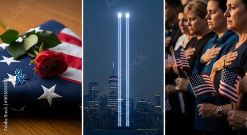 A collage showing remembrance of september eleventh with flags and lights