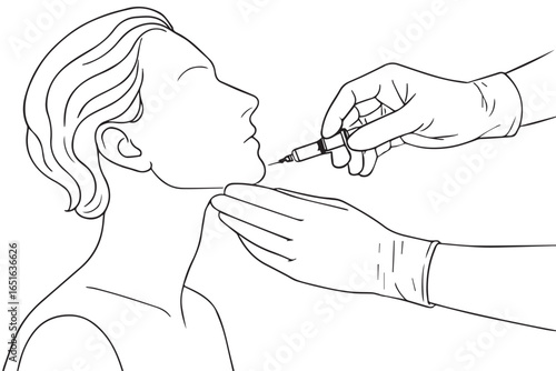 Cosmetic procedure showing facial enhancement with injections for chin area, demonstrating aesthetic surgery techniques liposuction healthcare lineart