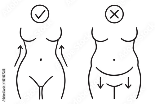 Contrasting ideal body shapes illustrating desired body contouring results, with arrows showing appropriate and undesirable body sculpting liposuction healthcare lineart