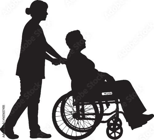 Caregiver Pushing Senior in Wheelchair Silhouette, Mobility Assistance Vector