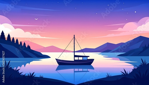 Serene Sunset Sailboat Lake View.
