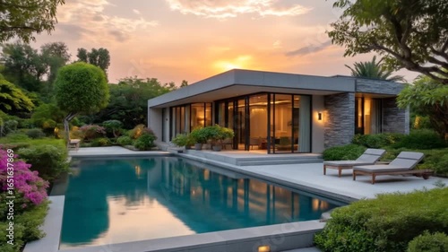 Wallpaper Mural Modern villa with pool at sunset, reflecting light and surrounded by lush landscaping Torontodigital.ca