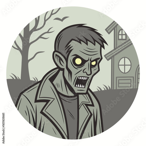 Frightening zombie with glowing eyes shouts near a spooky house and tree in cartoon style