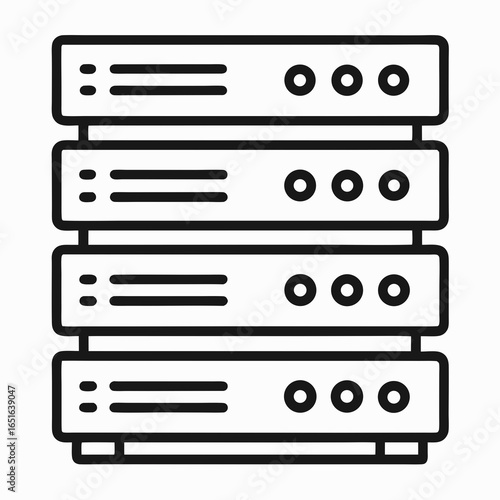 Stylized line art icon of a stack of computer servers in a rack