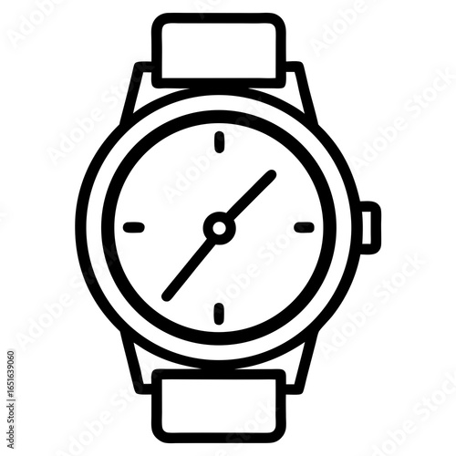 Simple black line art icon of a classic wristwatch with a round face and strap