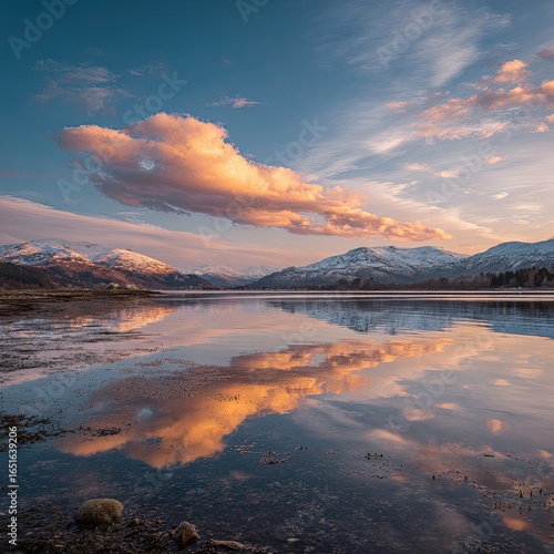 Serene sunset over a still loch, reflecting snow-dusted mountains and a vibrant, elongated cloud in a pastel sky