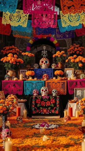 Vibrant Dia de los Muertos ofrenda, a traditional Mexican altar decorated with colorful papel picado, cempasuchil flowers, and calaveras.
