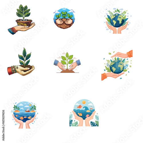 A collection of eco friendly vector illustrations featuring hands holding plants, earth, and ocean scenes. Symbolizing sustainability, environment protection, nature care, and ecological balance."