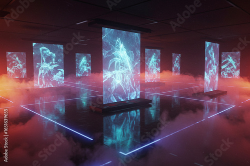 Futuristic digital screens with abstract glowing patterns in a dark room technology concept