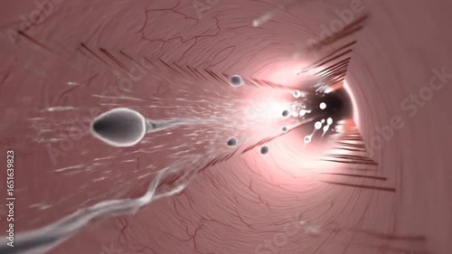 Sperm cells race through the vaginal canal toward their reproductive destination, depicting the