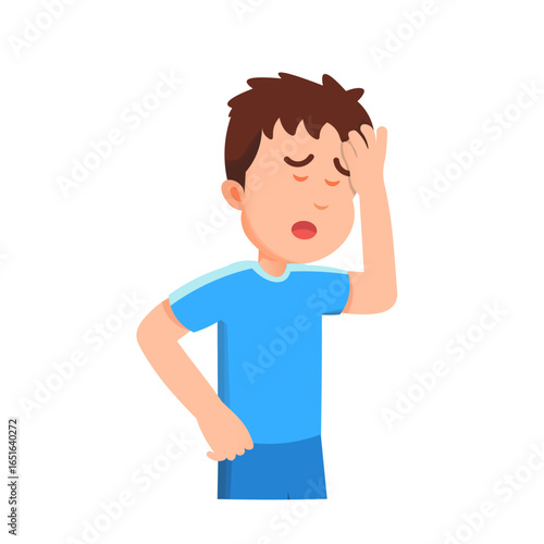 Cute little boy looks confused, holding his head and resting one hand on his waist