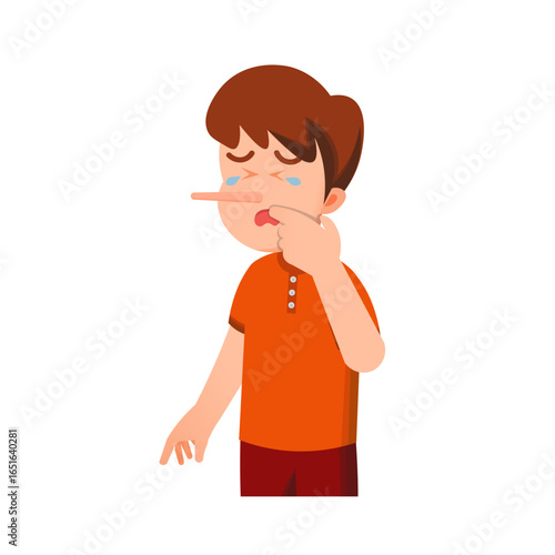Cute boy cries while pointing at his long nose, showing regret for lying