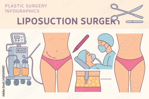 Liposuction Surgery Process, Body Contouring with Modern Equipment, Liposuction Healthcare Lineart