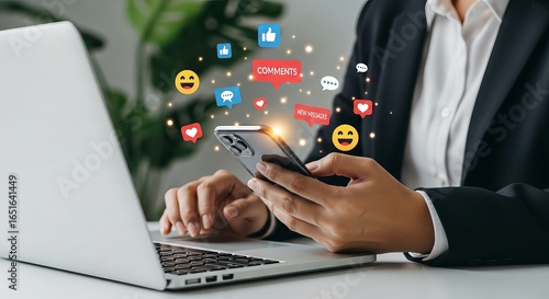 Wallpaper Mural Woman using social media on her phone with laptop for digital marketing Torontodigital.ca