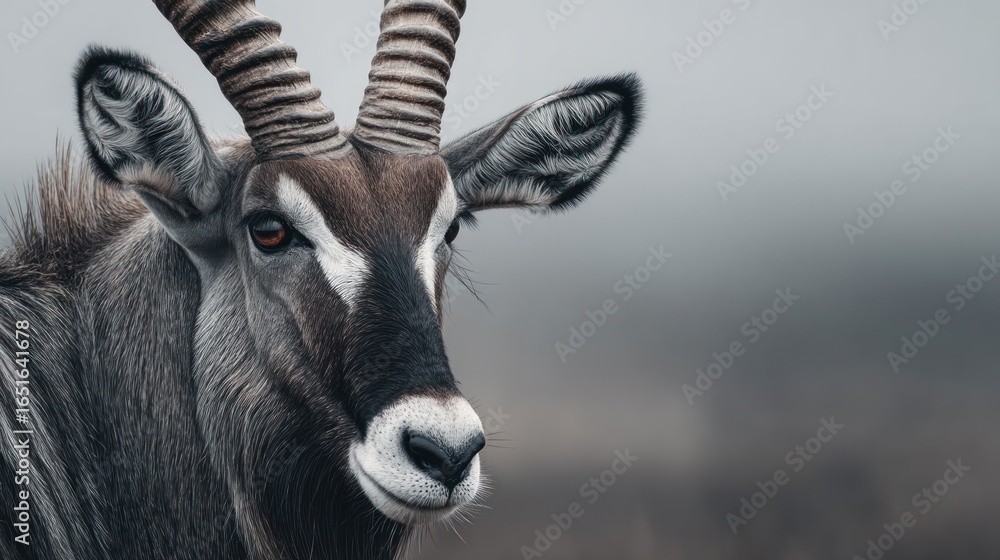 Majestic Sable Antelope Portrait in Misty African Savanna Majestic Sable Antelope Portrait in Misty African Savanna