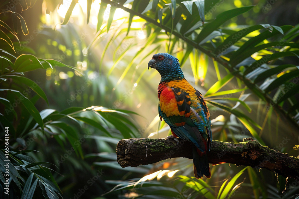 Obraz premium Brightly Colored Exotic Bird Perched in a Tropical Jungle Garden