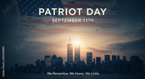 Patriot day september eleventh with american flag and city skyline