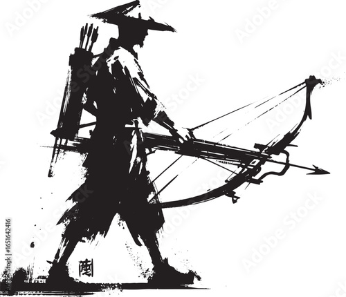 Minimalist Sumi-e illustration of a japanese archer wielding a c