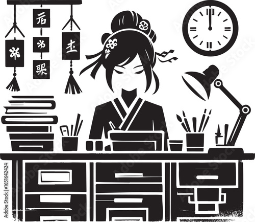 Elegant calligrapher desk scene with sumi-e brushstrokes, minima