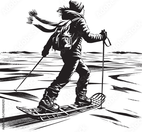 Monochrome depiction of a woman snowshoeing across a stark winte
