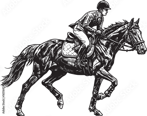 Detailed Engraving Depicting Equestrian Sport with Horse and Rid