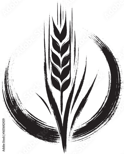 Artistic wheat stalk in sumi-e style with a minimalist black bru