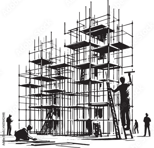 Artistic sumi-e construction: Men crafting temporary architectur