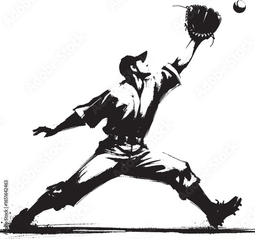 Dynamic sumi-e illustration of baseball player catching ball wit