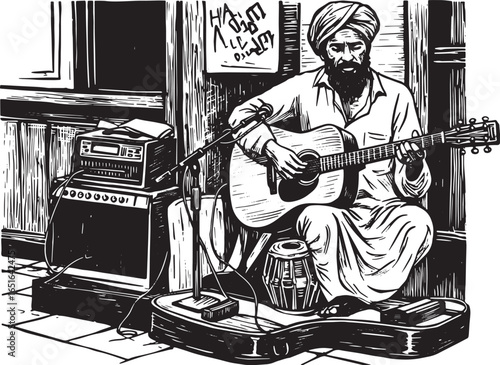 Black and white woodcut illustration of a musician playing guita