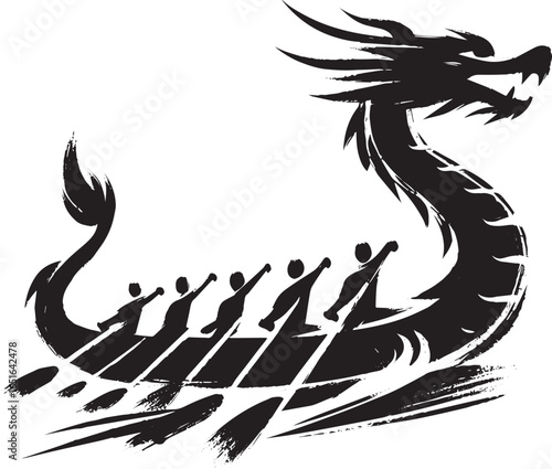 Stylized Sumi-e Dragon Boat with Rowers Illustration in Brush St