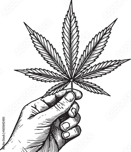 Detailed Woodcut Illustration: Hand Holding a Hemp Leaf with Art