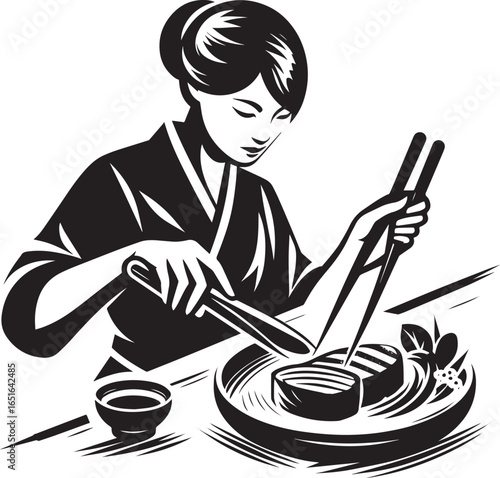 Elegant sumi-e illustration of a woman plating a steak dinner wi