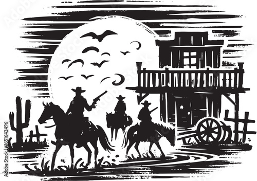 Monochrome Sumi-e style depiction of a Wild West scene with cowb