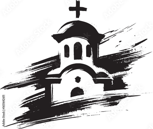 Monochrome Sumi-e Style Illustration of an Eastern Orthodox Chur