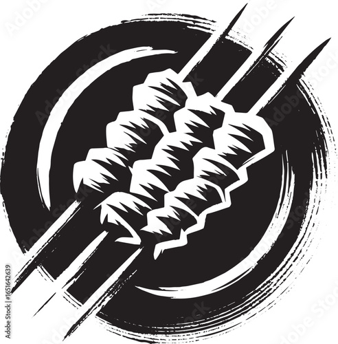 Minimalist Sumi-e Illustration of Anticuchos Skewers on a Brush