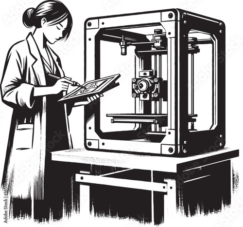 Woman in lab coat overseeing 3D printing process with artistic i