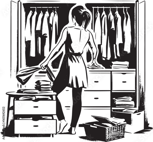 Elegant sumi-e illustration of a woman tidying her wardrobe with